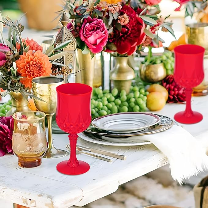 JLYLOL Plastic Vintage Wine Glasses 7OZ Plastic Goblets Vintage Drinking Glasses 48PCS Retro Wedding Glassware Water Goblets Reusable Drinking Cups for Party,Reception,Celebration,Bar,Whiskey(Red)