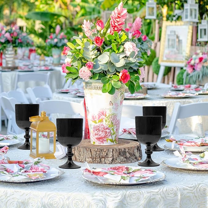 24 Pcs Black Vintage Wine Glasses, 11 Ounces Colored Glass Water Goblets, Unique Embossed Pattern High Clear Stemmed Glassware Wedding Party Bar Glass Drinking Cups Fancy Glasses Set Hand Wash Only