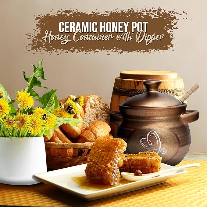 Ceramic Honey Pot, Honey Container with Dipper, Metallic Neutral Color Honey Jar, Honey Dispenser, Ceramic Pot, Stylish Honey Storage for Rustic, Modern, Home and Farmhouse Kitchen Decor