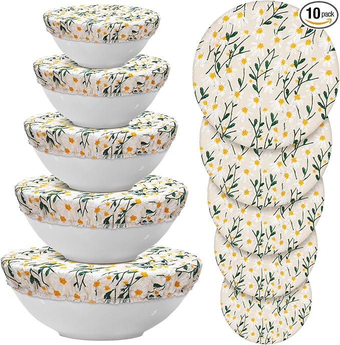 Patelai 10 Pcs Bowl Covers Reusable in 5 Size Stretch Cloth Fabric Elastic Food Storage Bowl Covers Bread Sourdough Lids for Proofing Food Fruits Leftover(Chrysanthemum)