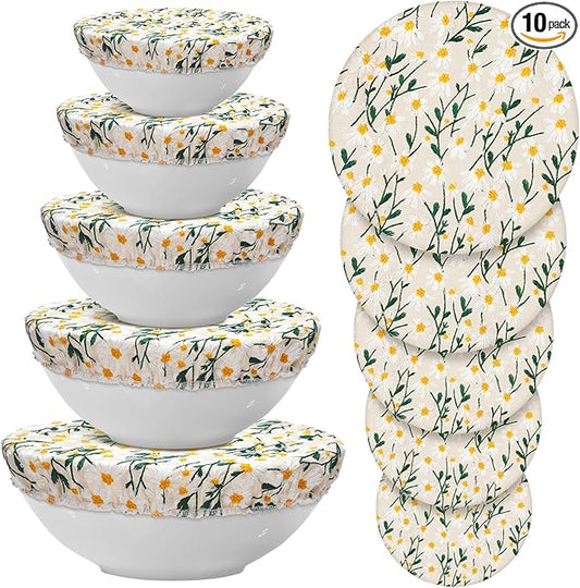 Patelai 10 Pcs Bowl Covers Reusable in 5 Size Stretch Cloth Fabric Elastic Food Storage Bowl Covers Bread Sourdough Lids for Proofing Food Fruits Leftover(Chrysanthemum)