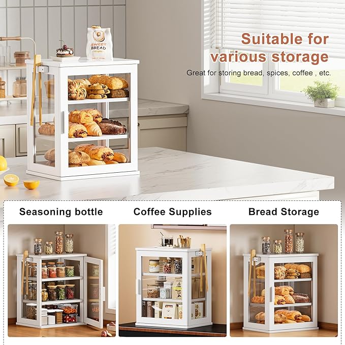 WOWLIVE Bread Box for Kitchen Countertop, Large 3 Layers Bread Storage Container for Homemade Bread with Window, Farmhouse Breadbox Organizer for Kitchen, Cabinet, Pantry (White, Meduim)
