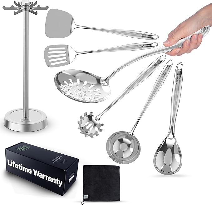 BEN'SHOME® Stainless Steel Utensil Tools Set with Holder Stand - Spatula, Spaghetti Server, Draining spoon, Serving spoon, Ladle, and Skimmer Spoon | Dishwasher Safe, Mirror Polished