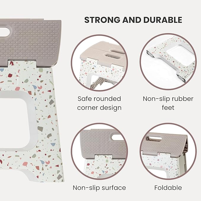 Vigar Compact Step Stool Foldable, 10-1/2-inch Step Stools for Adults up to 330 Pound, Lightweight Stool, Non-Slip Folding Step Stool, Terrazzo Body