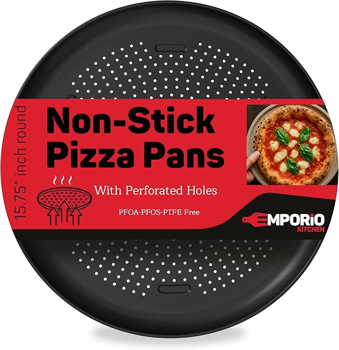 Pizza Baking Pan - 15.75-Inch Round Perforated Carbon Steel Tray with Non-Stick Coating, Dishwasher Safe, Oven Safe (Up To 450° F), Airflow Design, PFOA, PFOS, PTFE Free, Gray