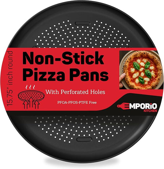 Pizza Baking Pan - 15.75-Inch Round Perforated Carbon Steel Tray with Non-Stick Coating, Dishwasher Safe, Oven Safe (Up To 450° F), Airflow Design, PFOA, PFOS, PTFE Free, Gray
