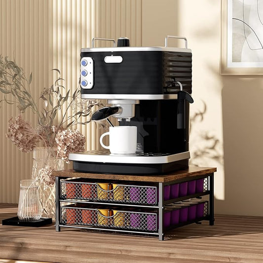 Coffee Pod Drawer K Cups Organizer 2-Tier Coffee Pod Storage Holder with Drawer Baskets 72 Capacity Coffee Capsule Storage Organizer Drawer, Industrial Brown and Black