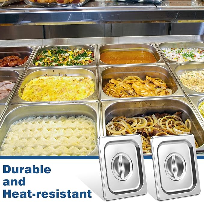 6 Pcs Notched Hotel Pan Cover Stainless Steel 1/6 Size Food Pan Lids with Handle Steam Pan Covers for Restaurant Hotel Commercial Food Storage Containers Covers