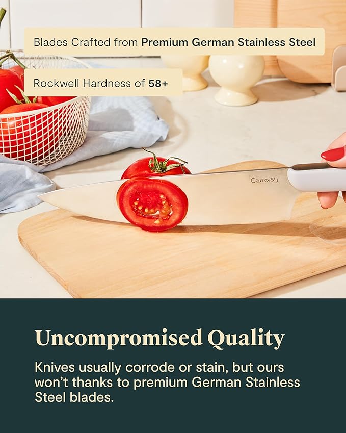 Caraway 14-Piece Kitchen Prep Set - Kitchen Knife Set & Wooden Utensil Set - Made With Premium German Steel Blades & FSC-Certified Birch Wood - Non-Toxic Materials - Includes Organizer - Navy