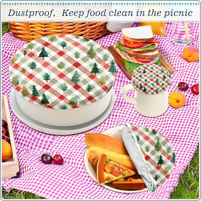 5 Pcs Bowl Covers Reusable in 5 Size Elastic Food Cover Cloth Lids Fresh Keeping Dish Cookware Bakeware Fabric Covers Lids for Food Leftovers Fruits Storage Watercolor Christmas Plaid Trees