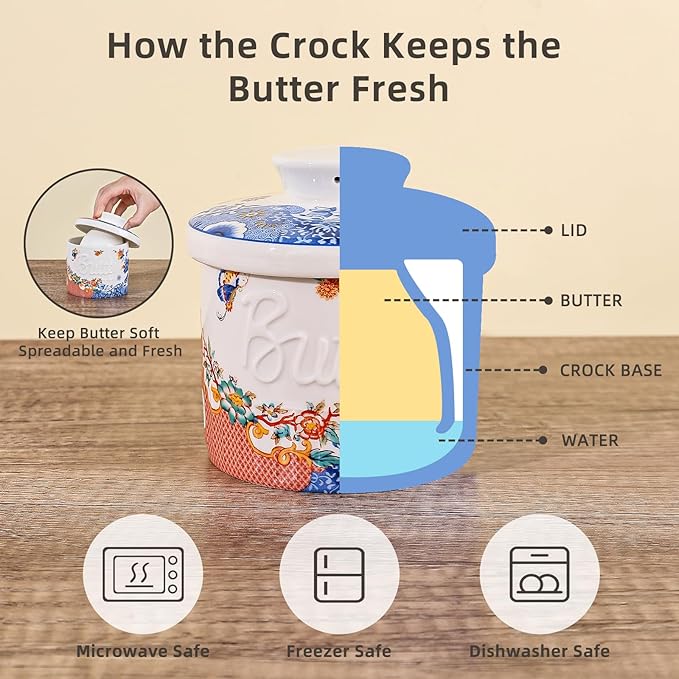 Butter Crock with Water Line, Ceramic Butter Keeper for Counter, French Butter Dish with Lid for Spreadable Fresh Butter (Orange and Blue Lotus)