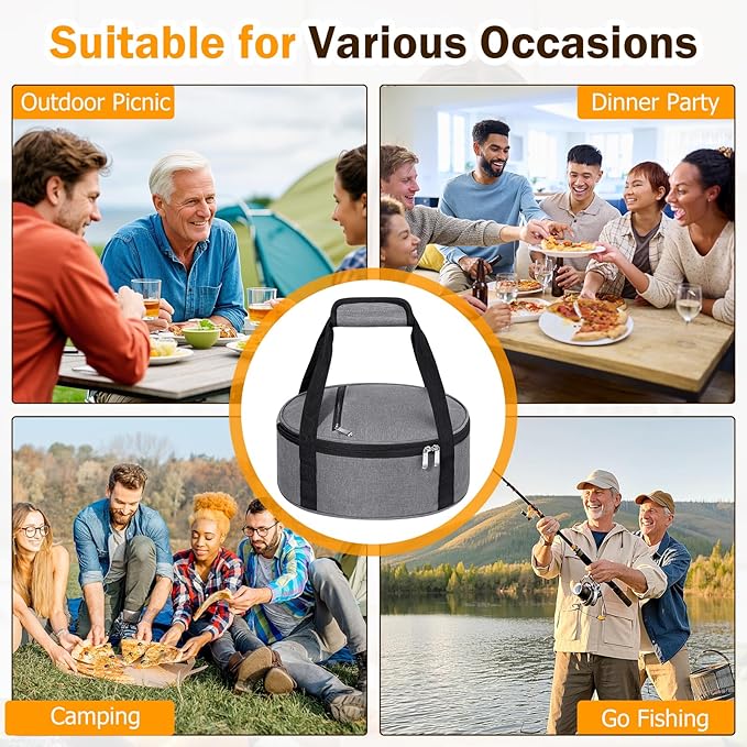 Round Insulated Casserole Carrier, Pie Carrier Bag, Portable Casserole Carrier for Hot or Cold Food Lunch Tote, Lunch Bag for Parties Picnic, Fits 12.5" Baking Dish, Grey