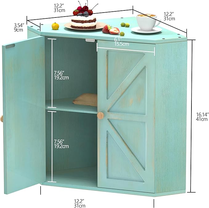 Corner Bread Box for Kitchen Counter Double Layer Bamboo Bread Storage Container Large Capacity Bread Storage Bin Farmhouse Breadbox Organizer (Antique Blue)