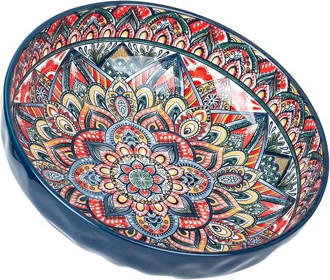 75 Oz Serving Bowls,Bohemian Style Large Porcelain Dishes for Entertaining Parties,Big Bowls for Eating Soup, Salad, Pasta, Fruit, Chips, 10.3 Inch Diameter (blue)