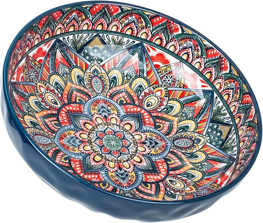 75 Oz Serving Bowls,Bohemian Style Large Porcelain Dishes for Entertaining Parties,Big Bowls for Eating Soup, Salad, Pasta, Fruit, Chips, 10.3 Inch Diameter (blue)