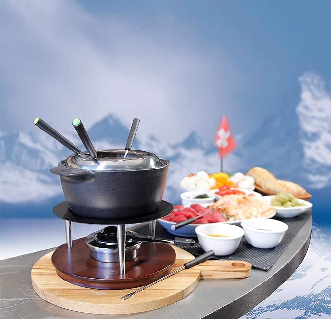 Swissmar Summit 10-Piece Matte Black Cast Iron Fondue Set - Ideal for Melting Cheese, Chocolate, Butter, & More - Perfect for Kitchen Collection & Wedding Gift Giving - 1Liter / 1.05 Quart