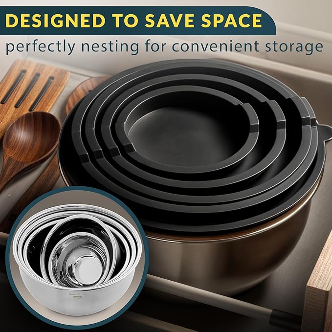 Stainless Steel Mixing Bowls with Lids Set, 5 Sizes, 3 Graters, Non-Slip Base, Airtight Lids, Metal Mixing Bowls for Kitchen, Food Prep, Storage, 0.63QT-5QT, Black