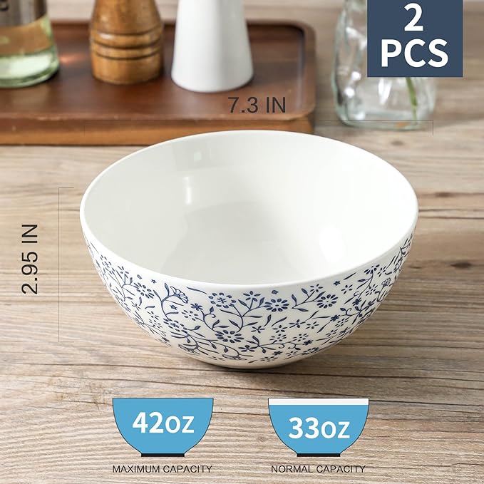 ramen bowl, salad bowl，mixing bowls，ceramic bowls, large cereal bowls, Large Soup Bowl, Pho Bowls, Fruit, Microwave Dishwasher Safe, 7 inch Blue and White 2 pack