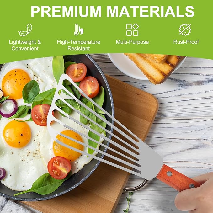 2 PCS Fish Spatula Stainless Steel, Upgraded Version Wooden Handle Fish Spatula, Polished Metal Slotted Turner For Flipping Fish, Omelets, Crepes, Steaks, and Hamburgers