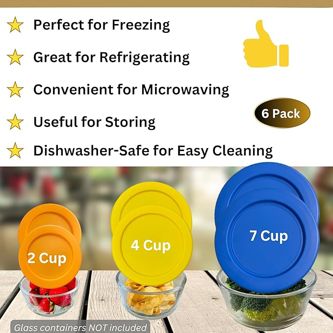 2, 4 & 7 Cup Orange, Yellow, Blue Replacement Lids/Covers for Pyrex, Anchor Hocking & KlareWare Storage Bowls *Lids Only Glass Container Not Included* (6 Pack *Two of Each Size*)