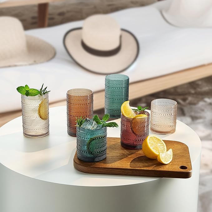 Khen Plastic Hobnail Drinking Glasses Set of 12 Neutral Tones Cups 6x 10oz Lowball & 6x 1oz Highball Acrylic Beaded Design, BPA-Free, Dishwasher Safe Indoor/Outdoor Drinkware Water, Juice, Cocktails