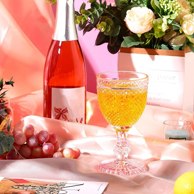 Bokon 12 Pack Pink Glass Goblets Set 10 oz High Clear Wine Glass Vintage Water Goblets Cups Embossed Diamond Design Glassware with Stem for Drinking Juice Liquor Party Wedding Bar
