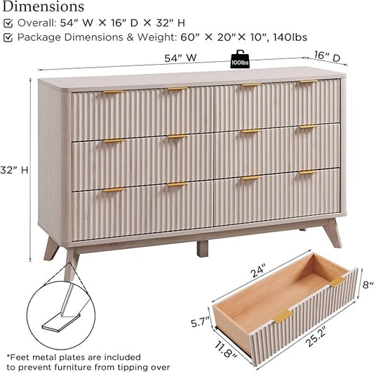 T4TREAM Fluted 6 Drawers Dresser, 54" Wide Modern Chest of Drawers, Curved Profile Design, Dresser TV Stand, Wood Drawer Organizer for Bedroom, Living Room, Hallway, White Alder