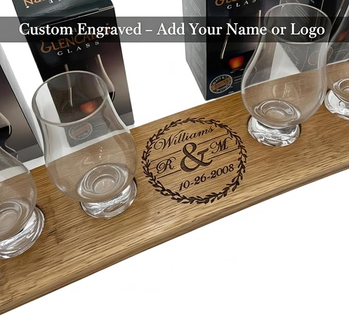 Personalized Premium 4 Glass Whiskey Flight/Engraved Center/Personalized Gift/Crystal Glass Option/Natural Oak Color (Wedding/Anniversay)