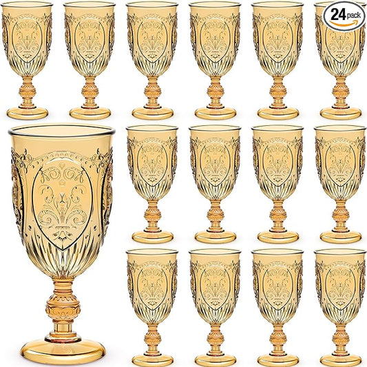24 Pcs Plastic Goblets 7.5oz Vintage Goblet Plastic Wine Glasses Colored Retro Embossed Water Goblets for Wine Bar Juice Baby Shower Wedding Reception Grand Event Party (Amber)
