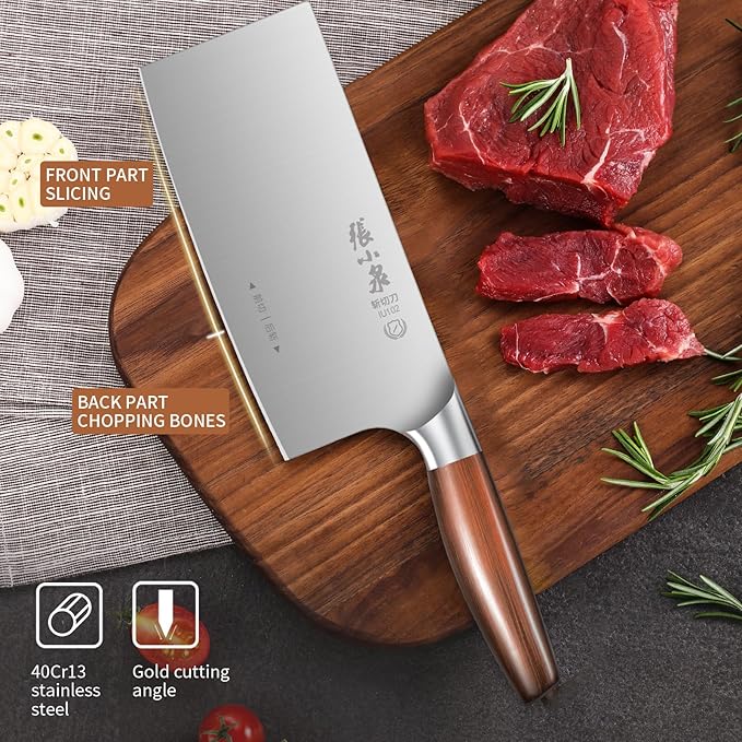 ZHANG XIAO QUAN SINCE 1628 7 "Cleaver Knife, 40Cr13 Meat Cleaver Chinese Chopper Slicing Knife with Stainless Steel Handle