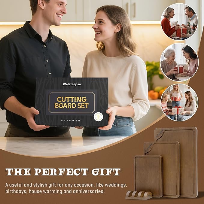 Extra Large Bamboo Cutting Board for Kitchen (Set of 3), with Deep Juice Grooves & Built-in Handles, Kitchen Gifts for Meat & Vegetables and Fruits, Durable Wood Cutting Boards with Holder