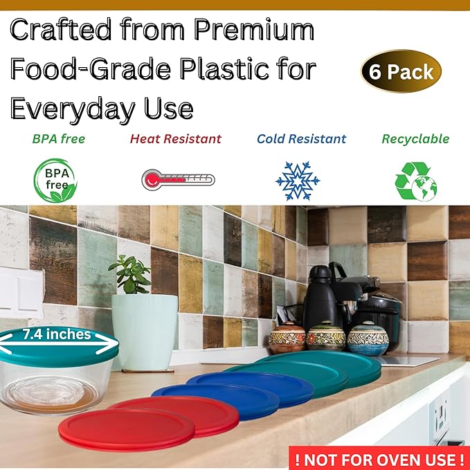 7 Cup/1.65 L Replacement Lids/Covers for Pyrex 7402-PC, Anchor Hocking & KlareWare Storage Bowls *Lids Only - Glass Container Not Included* (Turquoise, Blue, Red, 6 Pack)