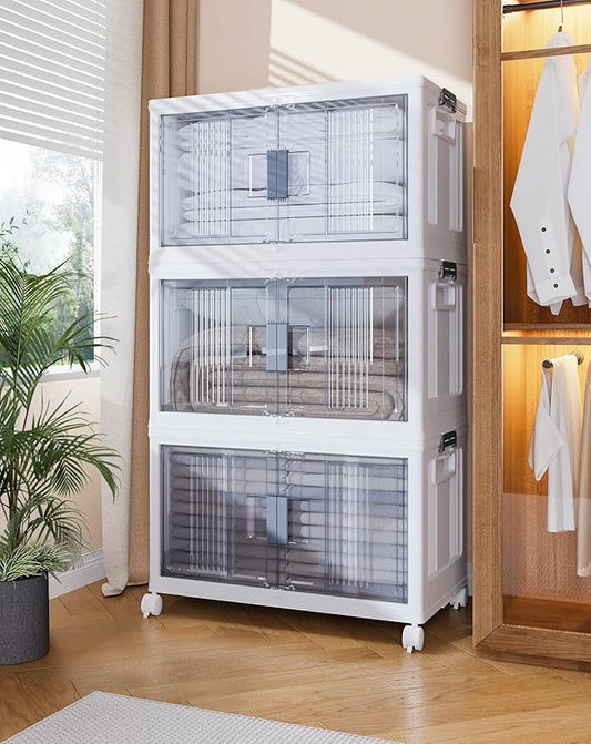 OlarHike 76QT Lockable Storage Bins with Lids - Folding Storage box with Doors and Wheels, Collapsible Plastic Storage Bins for Closets, Stackable Storage Organizer, Storage Containers, 3 Pack Cubes