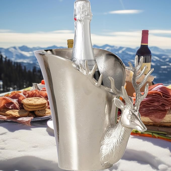 WHW Whole House Worlds Luxury Stag Head Champagne Bucket, Asymmetrical Flared Opening, Hand Cast, Silver Aluminum, Gleaming Polish, 9 Inches