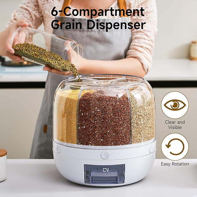 Rice Dispenser | 360° Rotating Grain Storage Bin - 6 Grids, 20LBS Large Capacity Food Container, Moisture-Proof, One-Click Output for Rice, Beans & Pet Food - Kitchen Pantry Organizer