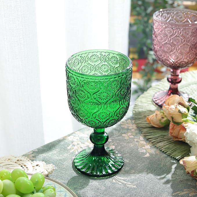 Joeyan Vintage Green Glass Wine Goblet,Embossed Floral Stemmed Wine Glasses,Colored Drinking Cups,Heavy-Duty Glassware for Wedding Party Bar,12 oz,Set of 4,Dishwasher Safe