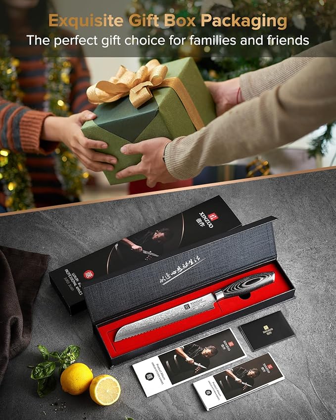 XINZUO Bread Knife 8 Inch,Professional Damascus Serrated Knife for Homemade Bread,Razor Sharp,Wide Wavy Edge for Bread, Bagels,Pizza and Cake, Gift Box Package
