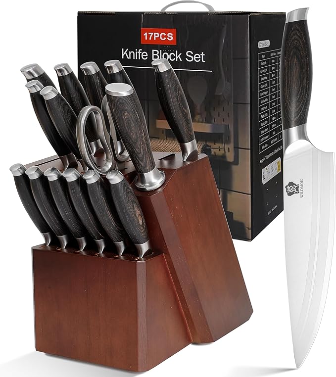 WILDMOK Kitchen Knife Block Set, 17-piece Knife Set with Wooden Block German Steel Kitchen Knives Sets with Bone Chopper, Gift Box
