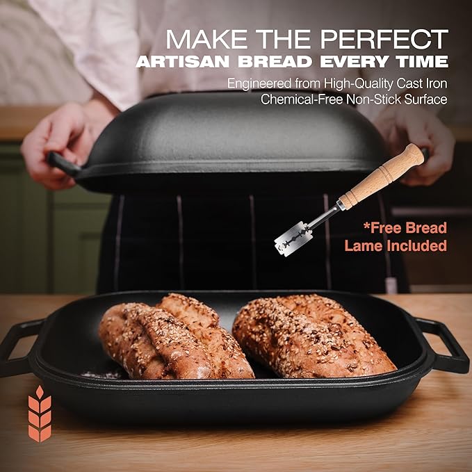 KUHA Cast Iron Bread Pan with Lid + Bread Lame - Black Heavy Duty Cast Iron Loaf Pan for Homemade Breadmaking - Pre-seasoned Bread Oven