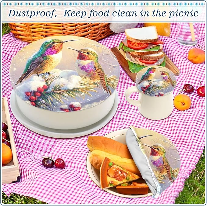 5 Pcs Bowl Covers Reusable in 5 Size Elastic Food Cover Cloth Lids Fresh Keeping Dish Cookware Bakeware Fabric Covers Lids for Food Leftovers Fruits Storage Winter Hummingbirds and Pine Tre
