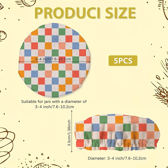 Colorful Checkered Sourdough Starter Jar Covers Reusable,Breathable Fabric Lids for Mason Jars,Wide Mouth and Regular Mouth(5 Pack)