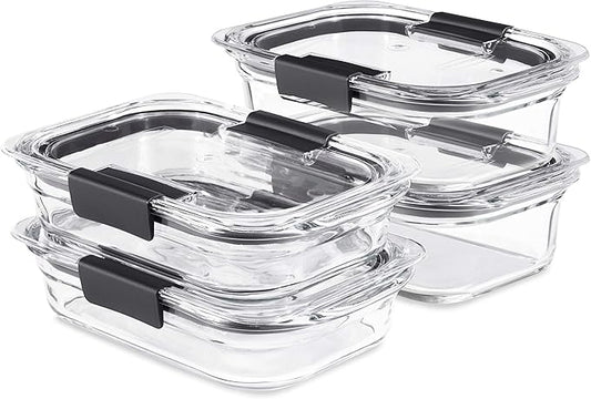 Rubbermaid Brilliance Glass Food Storage set of 4 containers 8 total pieces (4 containers + 4 lids) for Lunch Meal Prep and Leftovers Dishwasher and Oven Safe Clear/Grey