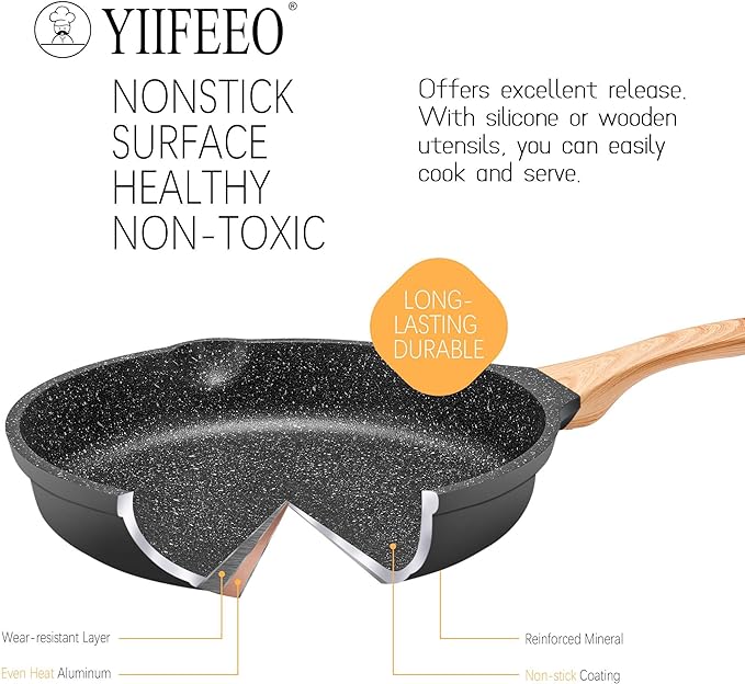 Non Stick Frying Pan Set - YIIFEEO Granite Skillet Set with 100% PFOA & PTFE Free, Induction Egg Omelette Pans for Cooking Pan Set, Cookware Set Nonstick Pots and Pans Set Gift for Women