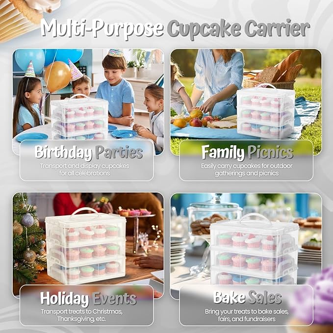 Flexzion 36 Cupcake Carrier 3 Tier Stackable Storage Container Collapsible Cake Carrier with Lid and Handle, Reusable Rectangular Plastic Dessert Travel Container, Display Holder Transport Box (Clear)