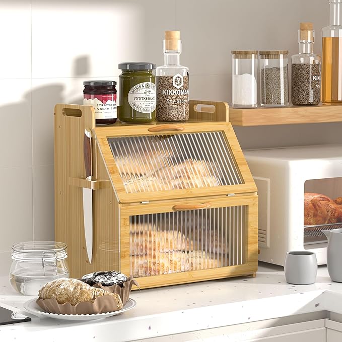 Bread Box for Kitchen Countertop, Large Bread Storage Container for Homemade Bread, Wooden Farmhouse Breadbox Organizers, Double Layer Bread Bin with Acrylic Window Bread Holder, Brown