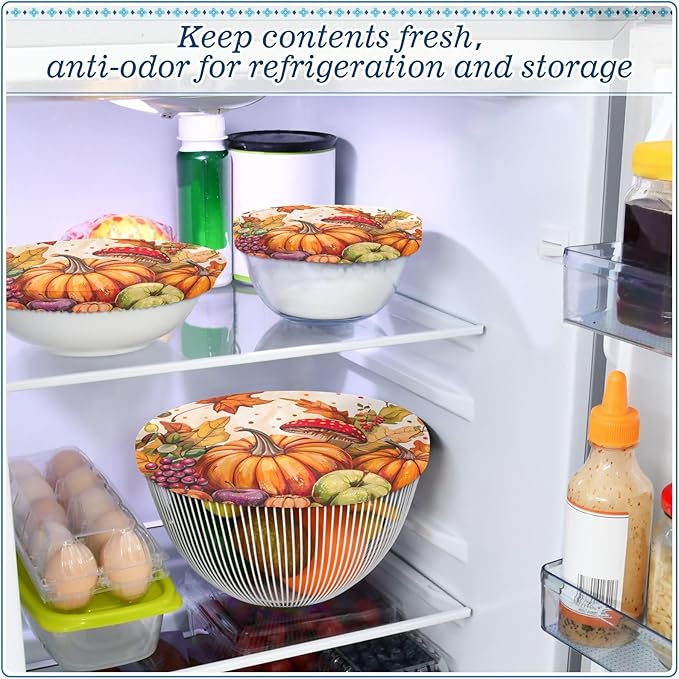 5 Pcs Bowl Covers Reusable in 5 Size Elastic Food Cover Cloth Lids Fresh Keeping Dish Cookware Bakeware Fabric Covers Lids for Food Leftovers Fruits Storage Fall Harvest Pumpkins Mushroom O