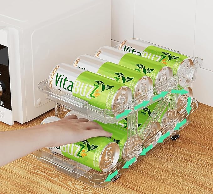 2-Pack Adjustable Can Dispenser for Refrigerator & Pantry - Expandable Width (6.23"-9.37") Gravity-Fed Organizer, Stackable Drink Holder Fits Standard/Tall Cans & Energy Drinks, BPA-Free (Clear-1)