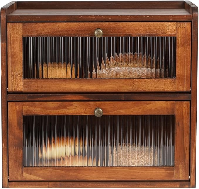 Sunhoo Bread Box for Kitchen Countertop Wooden Bread Storage Container Bin 2 Layer Breadbox Holder Large Capacity Keeper Vintage Farmhouse Food Organizer Pantry Shelf Acrylic Window (Brown)