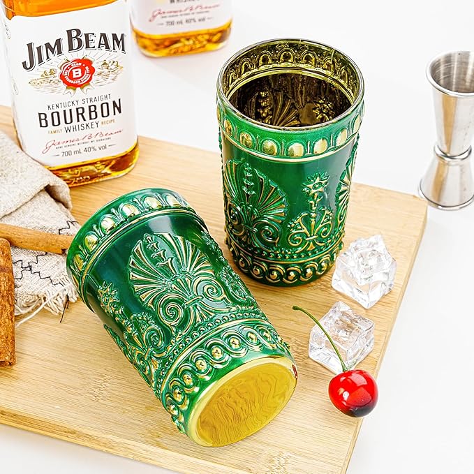 Sungmor Vintage Green and Gold Tumblers - Set of 2 Embossed Glasses, 10.8 oz Decorative Drinking Cups for Water, Juice or Cocktails - Elegant Baroque Glassware for Party or Special Occasions