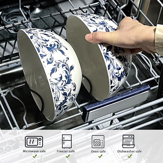 ramen bowl, salad bowl，mixing bowls，ceramic bowls, large cereal bowls, Large Soup Bowl, Pho Bowls, Fruit, Microwave Dishwasher Safe, 7 inch Blue and White 2 pack